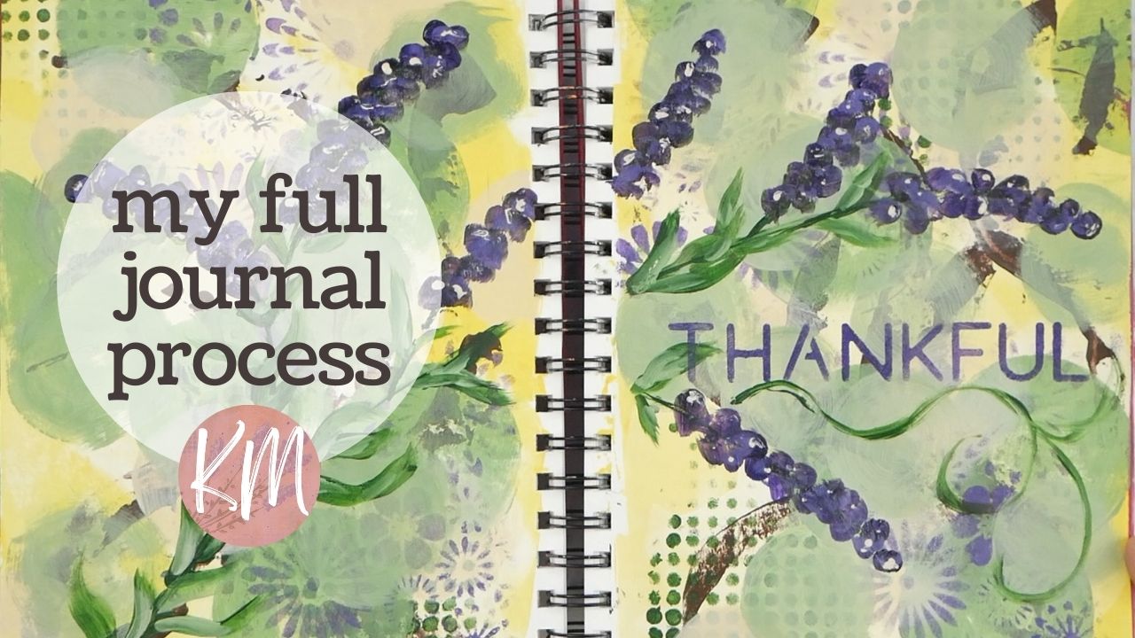 Full Process Easy Floral Art Journal Page with Acrylics and Stencils for Beginners