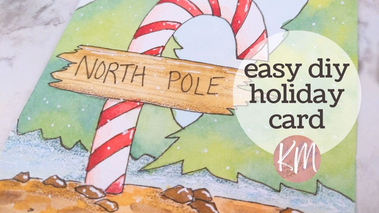 North Pole Christmas Line and Wash Watercolor Card for Beginners with Colored Pencils and Fineliner