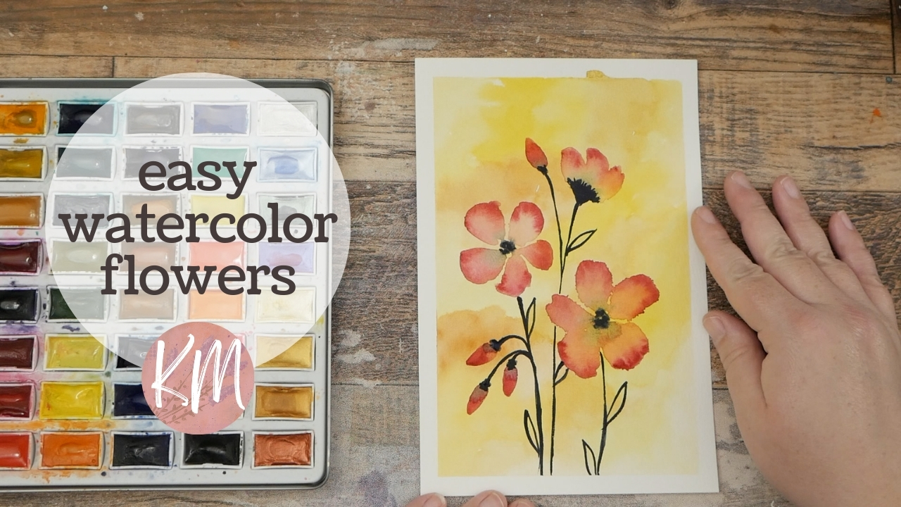 Paint With Me Easy Beginner Watercolor Flowers on a Yellow Background