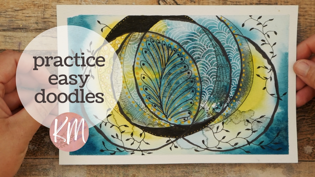 Practice Easy Doodle Patterns on a Watercolor Background with Black, White, and Gold Ink