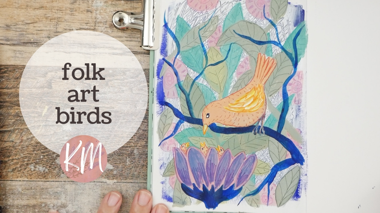 Sketchbook Acrylic Painting of Mama and Baby Birds   Whimsical Folk Art