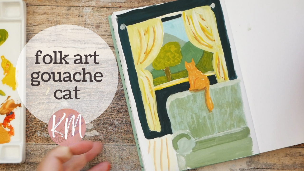 Full Process Relaxing Gouache Folksy Cat Painting in My Sketchbook