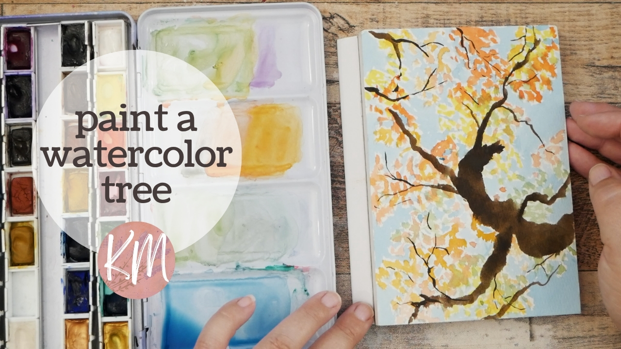 Paint Loose Autumn Tree Leaves Against a Blue Sky with Watercolor