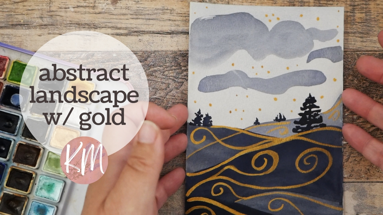 Sumi Solid Watercolor Landscape with Gold Metallic Finishing Touches