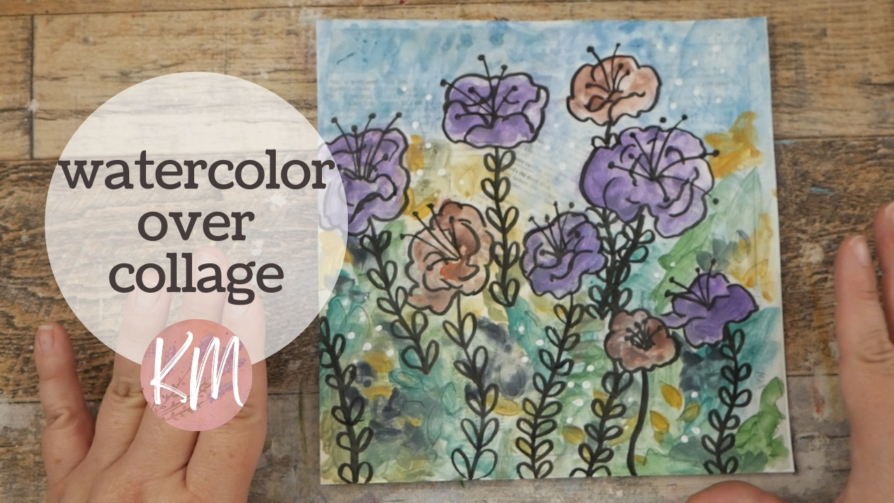 Exploring Watercolor Flowers over Gesso and Collage – Easy Abstract Painting