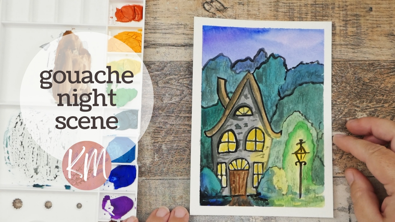 Paint this Whimsical House with Trees Night Scene with Light in Gouache
